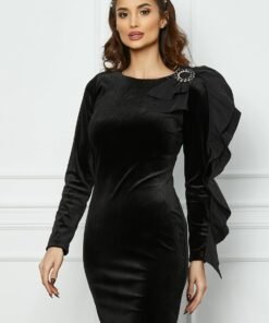Rochie LaDonna neagra din catifea cu funda si volan pe maneca