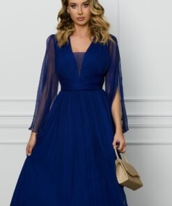 Rochie Leonard Collection bleumarin din matase cu decupaje la maneci