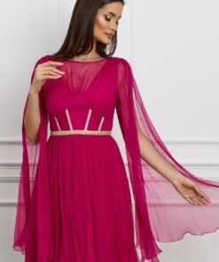 Rochie Leonard Collection fucsia din matase cu broderie aurie pe bust