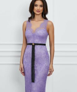 Rochie Leonard Collection lila din dantela cu aplicatie in talie