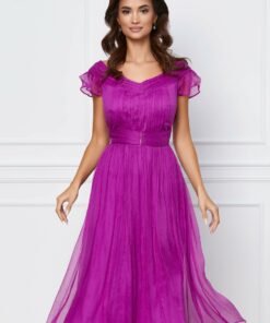 Rochie Leonard Collection magenta din matase cu aplicatie in talie
