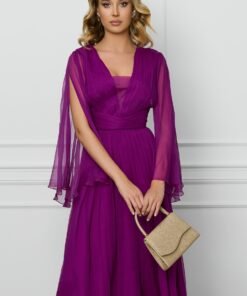 Rochie Leonard Collection magenta din matase cu decupaje la maneci
