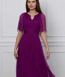 Rochie Leonard Collection magenta din matase naturala cu maneci scurte cu decupaj