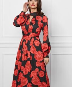 Rochie Leonard Collection neagra cu imprimeuri florale rosii