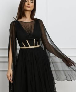 Rochie Leonard Collection neagra din matase cu broderie aurie pe bust
