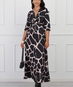 Rochie Liana bej cu imprimeuri negre