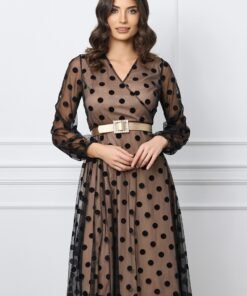 Rochie Liana bej cu tull negru si buline din catifea