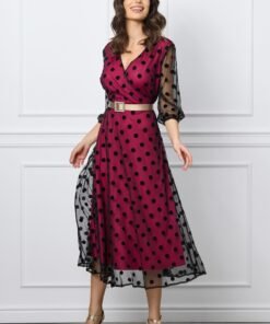 Rochie Liana magenta cu tull negru si buline din catifea