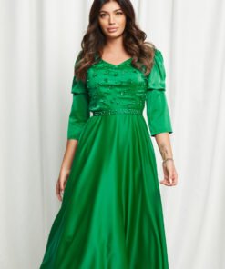 Rochie Lidia verde cu flori 3D si perle pe bust