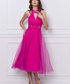 Rochie Lorena fucsia din organza cu margelute