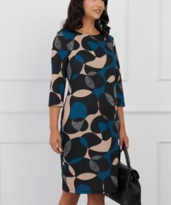 Rochie Lucia neagra cu imprimeuri turcoaz si bej