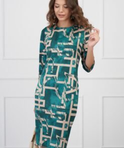 Rochie Lucia verde cu imprimeuri bej