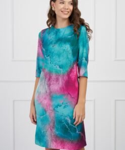 Rochie Ludmila turcoaz cu imprimeu fucsia