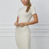 Rochie Madalina ivory din tricot reiat cu crepeuri la baza