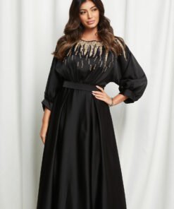 Rochie Madalina neagra cu strasuri la bust si curea in talie