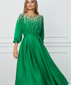 Rochie Madalina verde cu strasuri la bust si curea in talie