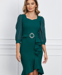 Rochie Madalina verde cu volan pe fusta si curea in talie