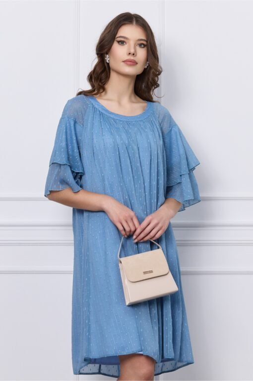 Rochie Mara bleu din voal cu fir lurex si insertii in relief