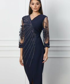 Rochie Mara bleumarin cu strasuri si maneci din dantela