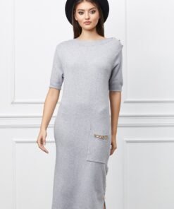 Rochie Mara gri din tricot cu nasturi si buzunar