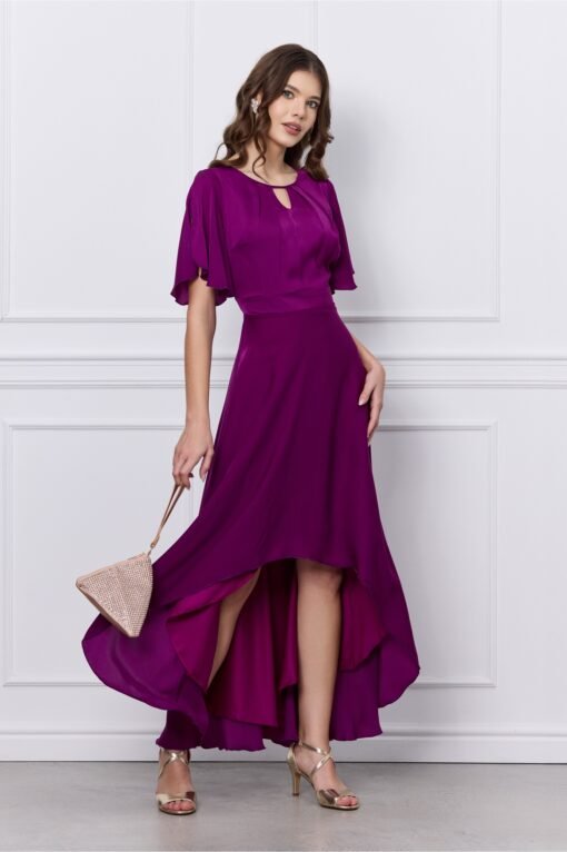 Rochie Mara magenta din voal cu lungime asimetrica
