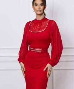 Rochie Mara rosie cu maneci din voal si curea in talie