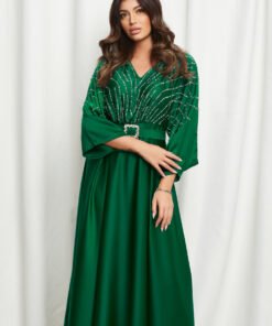 Rochie Mara verde cu strasuri pe bust si curea in talie