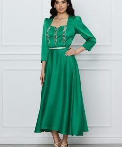 Rochie Mara verde din satin cu strasuri pe bust