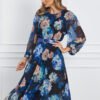 Rochie Maria neagra cu flori albastre si curea in talie