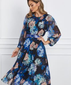 Rochie Maria neagra cu flori albastre si curea in talie