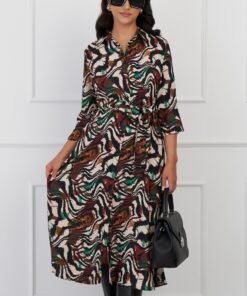 Rochie Maria tip camasa maro cu zebra print si cordon in talie