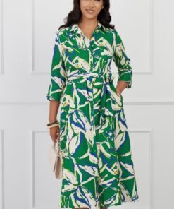 Rochie Maria tip camasa verde cu imprimeu ivory si cordon in talie