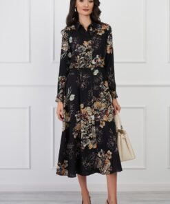 Rochie Mary neagra cu flori maro si nasturi