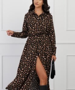 Rochie Mary neagra cu imprimeu maro si nasturi