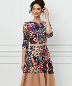 Rochie MBG bej cu imprimeu divers bleumarin