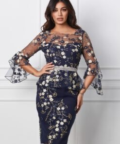 Rochie MBG bleumarin cu broderie florala bej