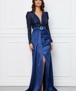 Rochie MBG bleumarin cu bust din paiete si crepeu maxi pe fusta