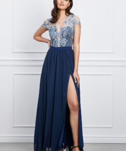 Rochie MBG bleumarin lunga cu broderie la bust si crepeu maxi