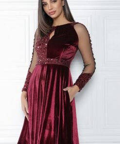 Rochie MBG bordo din catifea cu paiete si maneci din tull