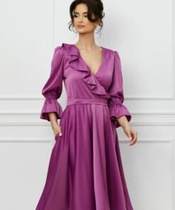 Rochie MBG din tafta magenta cu volanas la bust