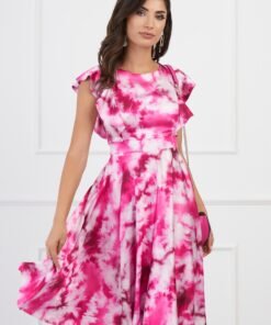 Rochie MBG fucsia cu imprimeu tie-dye si vonale pe bust