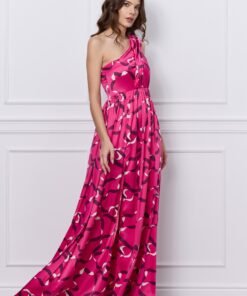 Rochie MBG fucsia lunga din satin pe un umar cu imprimeu