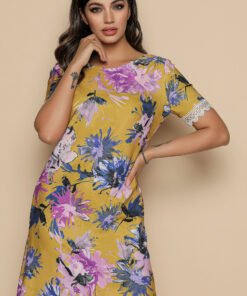 Rochie MBG galbena cu imprimeu floral roz