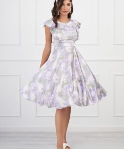 Rochie MBG lila cu imprimeu tie-dye verde si vonale pe bust