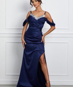 Rochie MBG lunga bleumarin cu paiete la decolteu