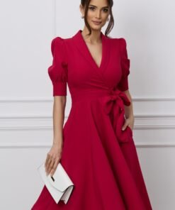 Rochie MBG rosu zmeura cu funda in talie
