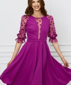 Rochie MBG magenta cu maneci din tull cu buline catifelate