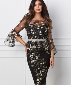 Rochie MBG neagra cu broderie florala bej