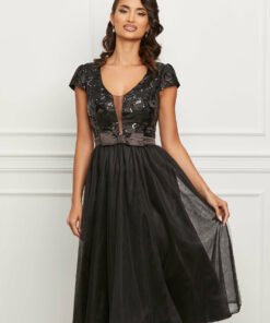 Rochie MBG neagra cu broderie la bust si funda in talie