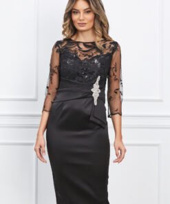 Rochie MBG neagra cu dantela la bust si accesoriu in talie